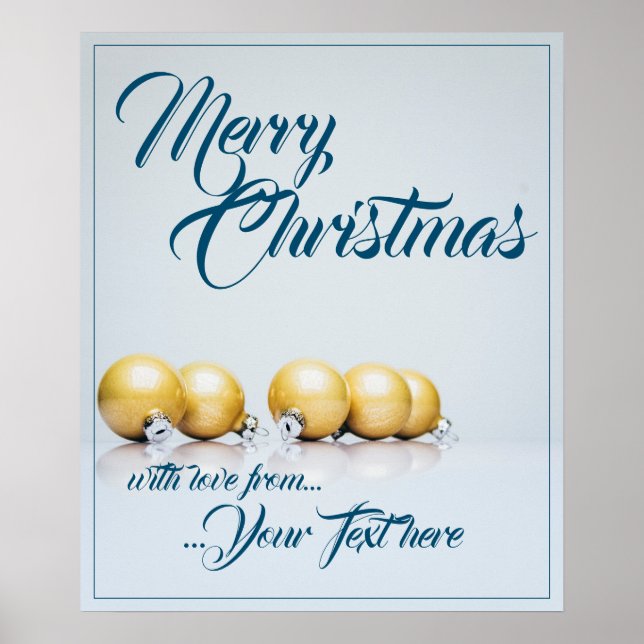 Poster Cinco bolas de natal douradas - escrita azul (Frente)