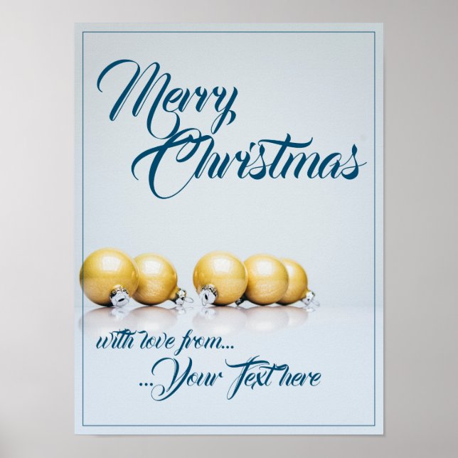 Poster Cinco bolas de natal douradas - escrita azul (Frente)