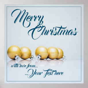 Poster Cinco bolas de natal douradas - escrita azul