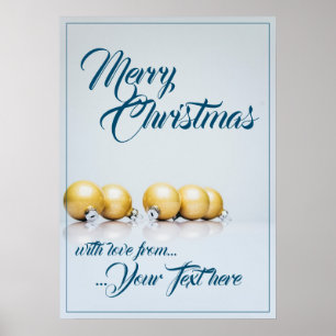 Poster Cinco bolas de natal douradas - escrita azul