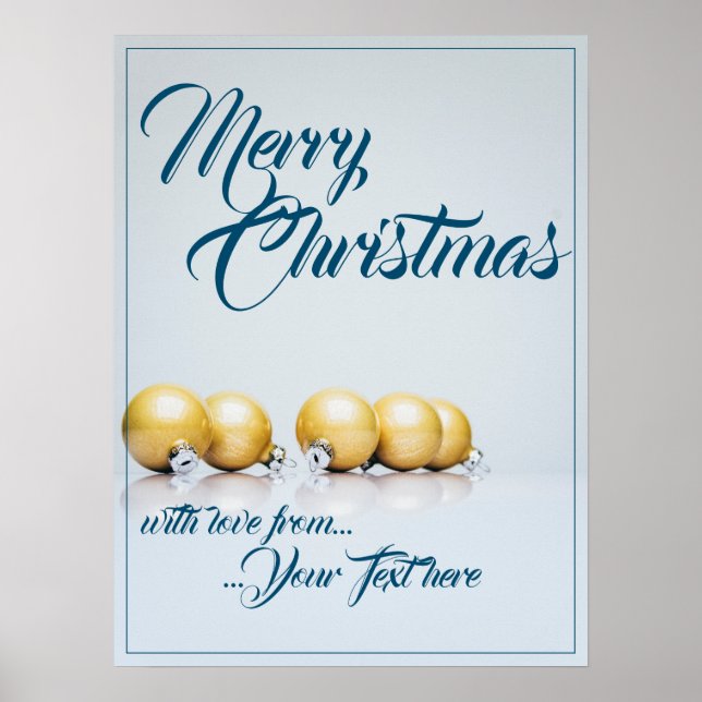 Poster Cinco bolas de natal douradas - escrita azul (Frente)