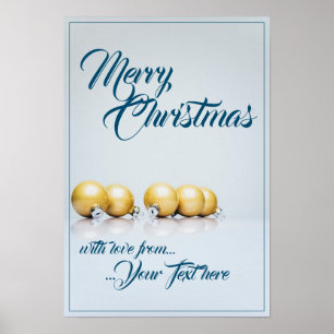 Poster Cinco bolas de natal douradas - escrita azul