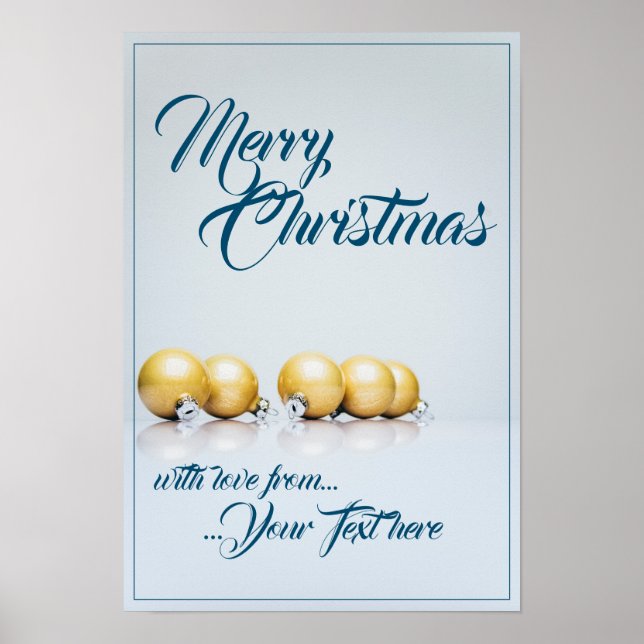 Poster Cinco bolas de natal douradas - escrita azul (Frente)