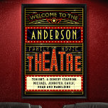 Poster Cinema em casa da Marquee do Cinema | Nome 24 x 36<br><div class="desc">Aproveite o filme da família em estilo com este poster original de teatro / mural de teatro. Feita para se parecer com um filme retrô com luzes falsas e muito brilho, esta poster personalizada é o acessório ritzy perfeito para qualquer filme. O esquema principal é vermelho, ouro e preto. Todo...</div>