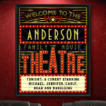 Póster Cinema em casa da Marquee do Cinema | Nome persona<br><div class="desc">Aproveite o filme da família em estilo com este poster original de teatro / mural de teatro. Feita para se parecer com um filme retrô com luzes falsas e muito brilho, esta poster personalizada é o acessório ritzy perfeito para qualquer filme. O esquema principal é vermelho, ouro e preto. Todo...</div>