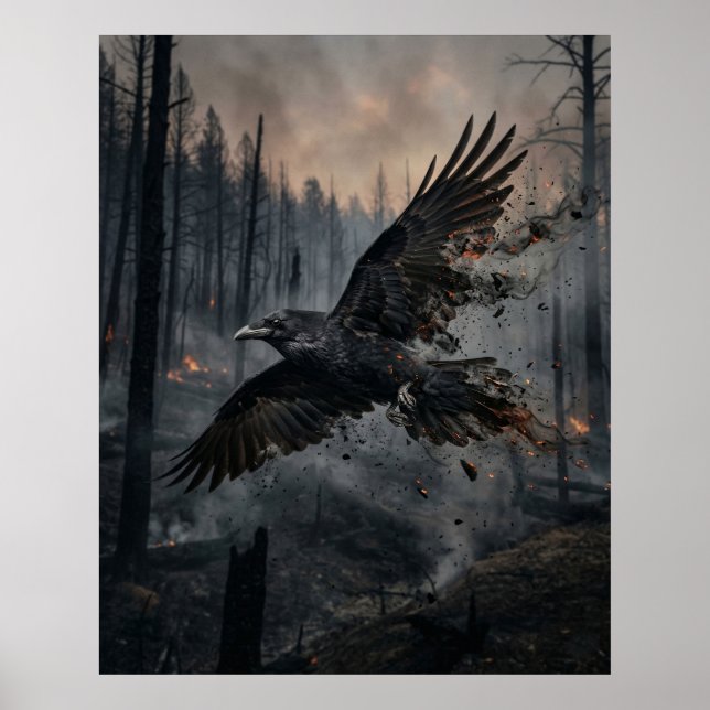 Poster Cinza Corvo Queimada Floresta Céu (Frente)