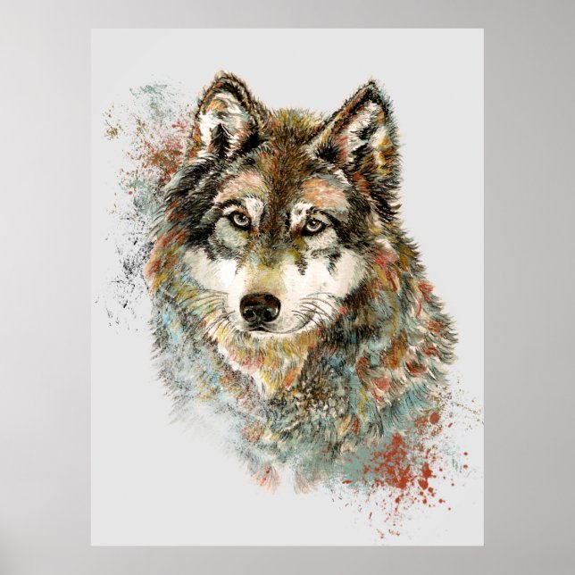 Poster Cinza de Aquarelas Wolf Willife Animal Art (Frente)