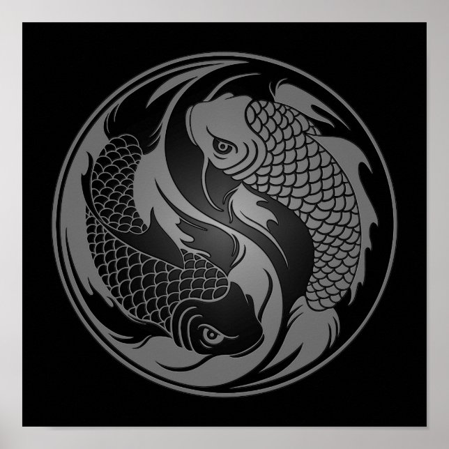 Póster Cinza e Peixe Yin Yang Koi Negro (Frente)