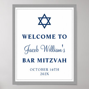 Poster Cinza Elegante e Bar Azul Marinho Mitzvah Boas-vin