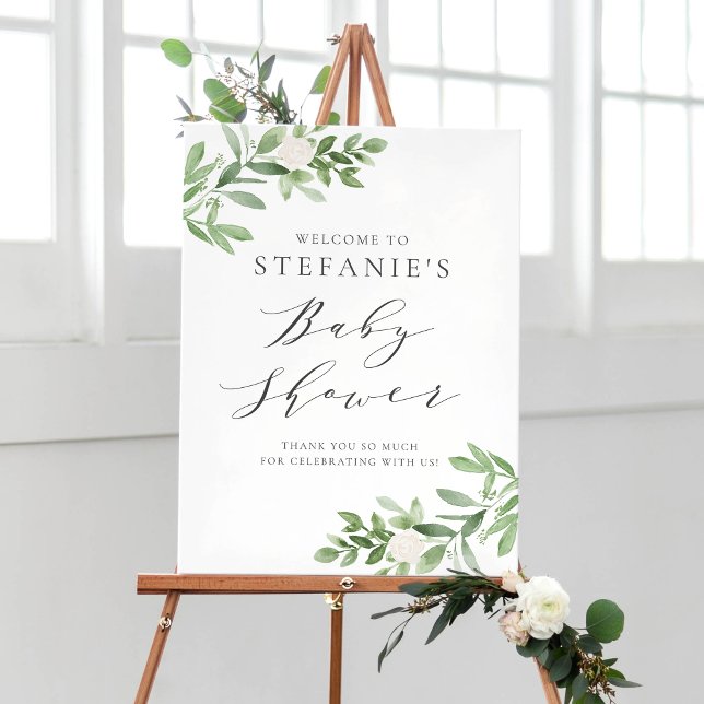 Poster Cinza Greenery White Flowers Chá de fraldas Bem-vi (Criador carregado)