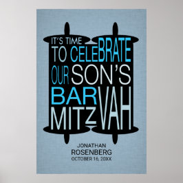 Poster Cinza moderno de Torah Bar Mitzvah e Azul