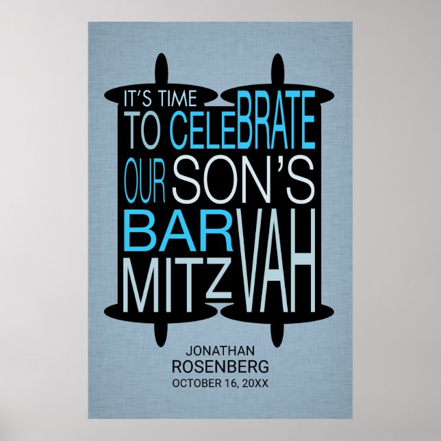 Poster Cinza moderno de Torah Bar Mitzvah e Azul (Frente)