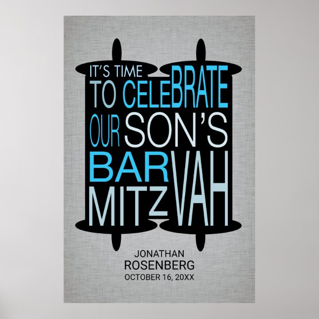 Poster Cinza moderno de Torah Bar Mitzvah e Azul (Frente)