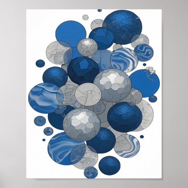 Poster Cinza Moderno Design de BOLAS AZUIS E BRANCAS (Frente)