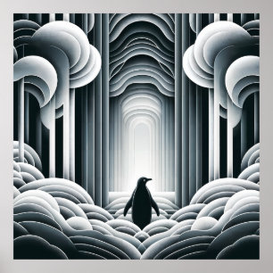 Poster Cinza Monocromática Lovey Baby Penguin Art Deco