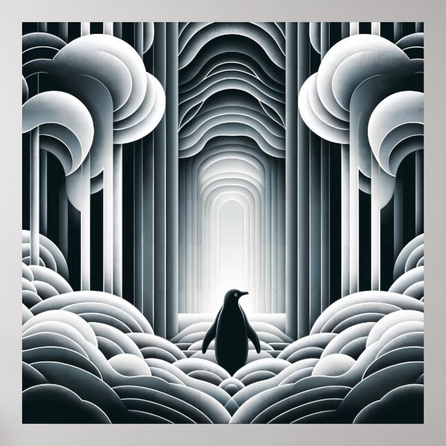 Poster Cinza Monocromática Lovey Baby Penguin Art Deco (Frente)