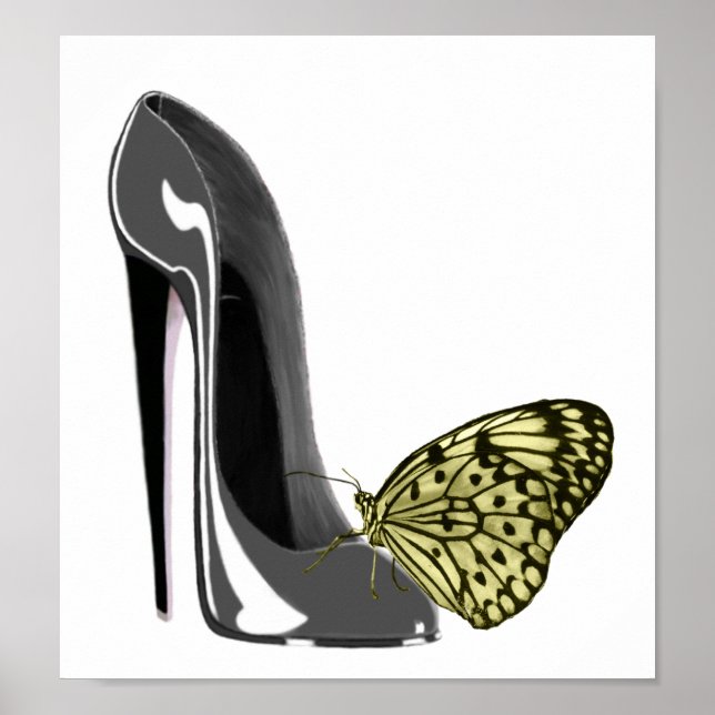 Póster Cinza Stiletto High Heel Calçado e Borboleta Amare (Frente)