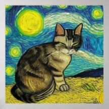 Cinza Tablet Cat Starry Night Trabalho de arte Van