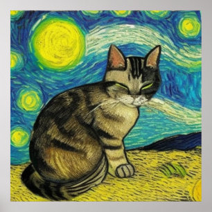 Poster Cinza Tablet Cat Starry Night Trabalho de arte Van
