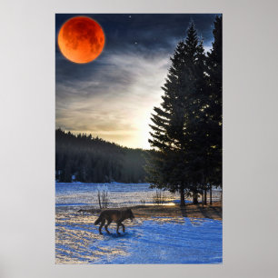 Póster Cinza Wolf, Neve, Lua de Sangue e Arte Selvagem de