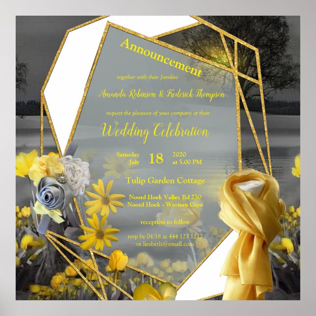 Poster Cinzas e tulipas amarelas, margaridas com um pôr d (Frente)