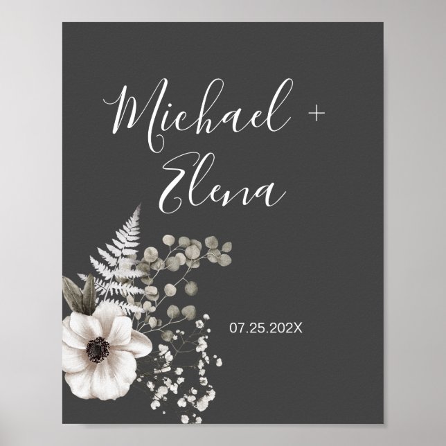 Poster Cinzas Escuras e Casal de Casamento Floral Branco (Frente)