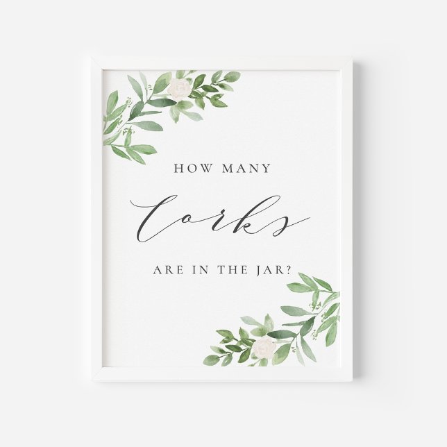 Poster Cinzas Greeneradas Quantas Corcas estão no Jogo do (Greenery Cork Guessing Game Sign | Watercolor Corks in a Jar Game for Showers and Parties)