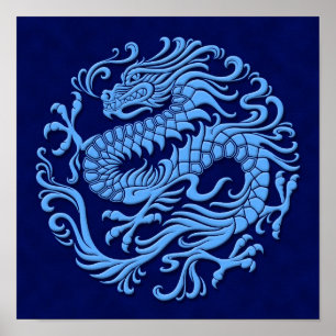 Póster Círculo chinês azul tradicional do dragão