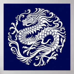 Póster Círculo chinês branco e azul tradicional do drag