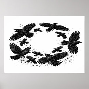 Poster Círculo de Corvos – Ilustração Assombrada a Tinta