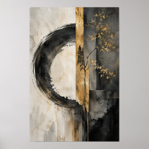 Poster Círculo de Ouro Preto e Ramo Botânico Abstrato Wa