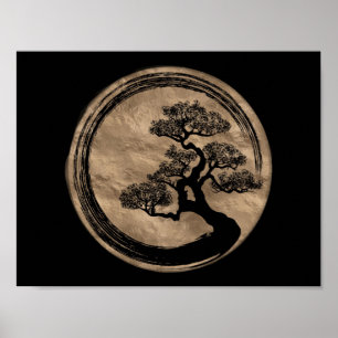 Poster Círculo Enso Zen e Árvore Bonsai Dourada