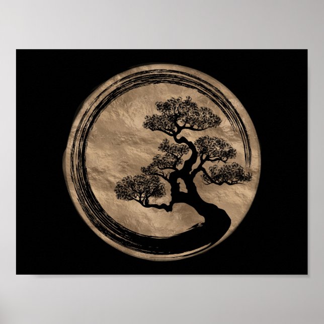 Poster Círculo Enso Zen e Árvore Bonsai Dourada (Frente)