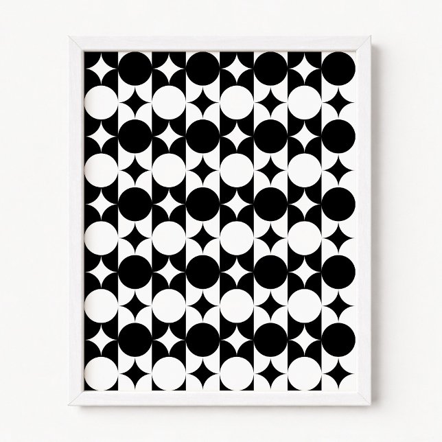 Poster Círculo Preto e Branco Estrela Grade Listras (Black and White Circle Star Grid Stripes Poster)