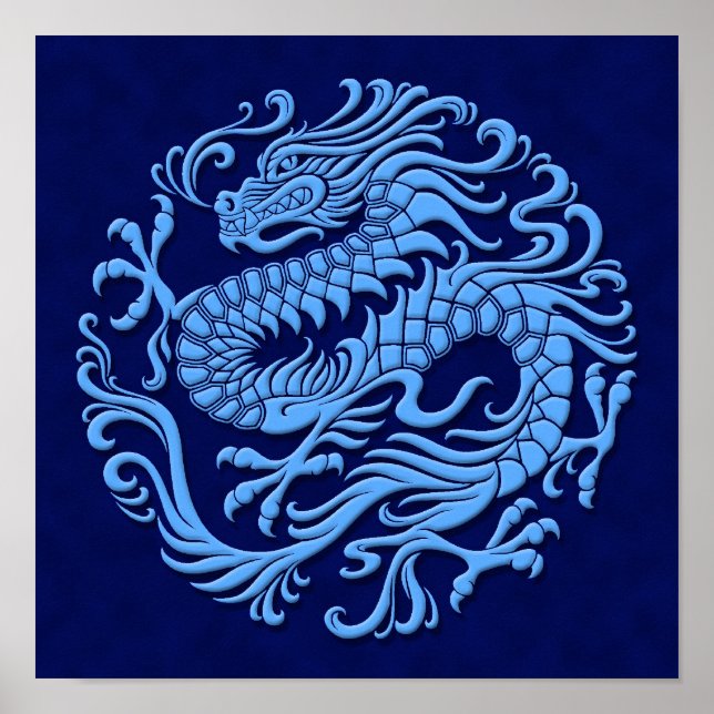 Póster Círculo Tradicional do Dragão Chinês Azul (Frente)