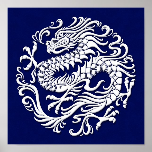 Póster Círculo Tradicional do Dragão Chinês Branco e Azul (Frente)