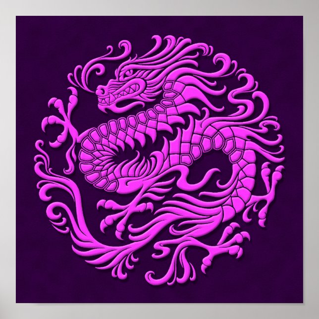 Póster Círculo Tradicional do Dragão Chinês Roxo (Frente)