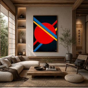 Poster Círculo Vermelho com Diagonais Azuis e Amarelas Ba