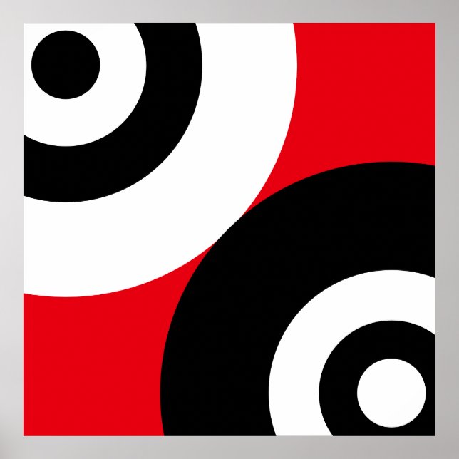 Poster Círculos Abstratos Preto e Branco sobre Vermelho (Frente)