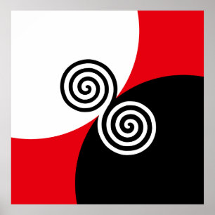 Poster Círculos Espirais Abstratos em Preto, Vermelho e B
