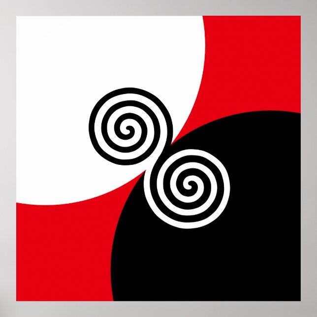 Poster Círculos Espirais Abstratos em Preto, Vermelho e B (Frente)