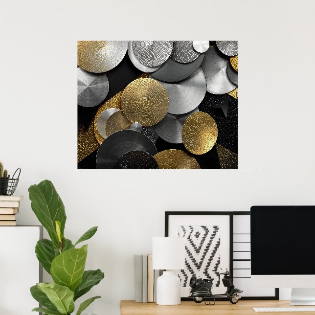 Poster Círculos Geométricos Modernos em Dourado e Prata (Escritório em casa)