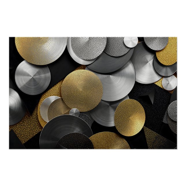 Póster Círculos Geométricos Modernos em Dourado e Prata (Frente)