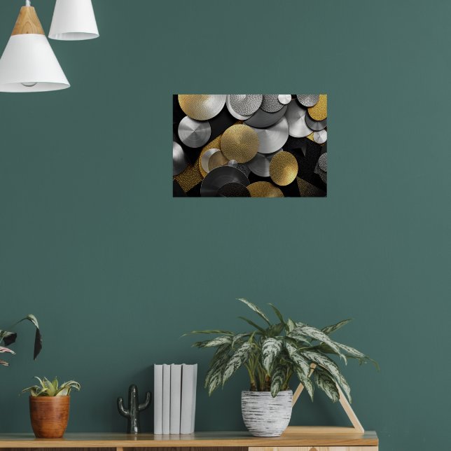 Poster Círculos Geométricos Modernos em Dourado e Prata (Sala de Estar 1)