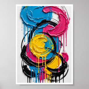 Poster Círculos Pop Drip - Azul Rosa Amarelo Preto Colori