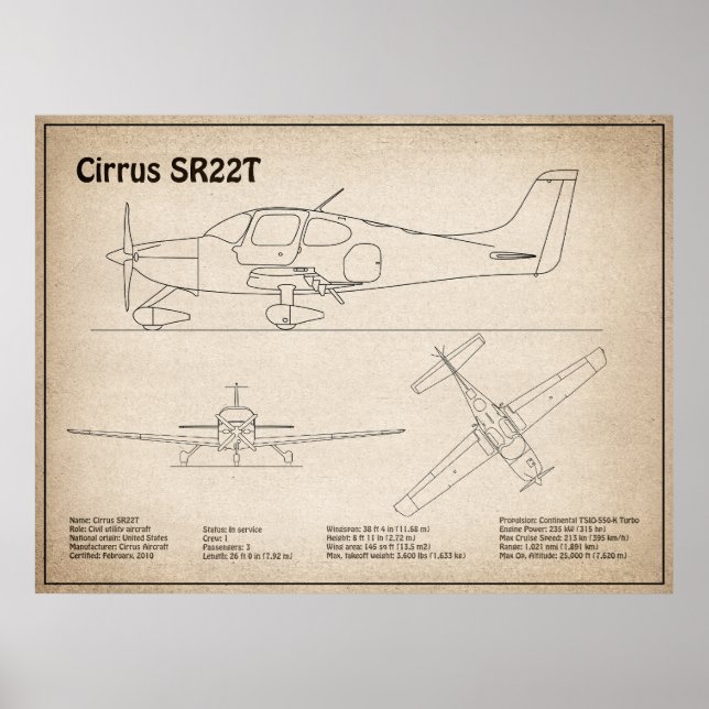 Poster Cirrus SR22T - Planos de desenho de Blueprint de a (Frente)