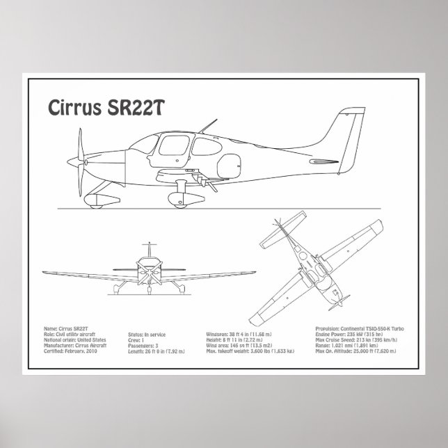 Poster Cirrus SR22T - Planos de desenho do avião Blueprin (Frente)