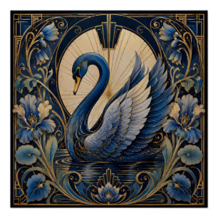 PÓSTER CISNE AZUL ART DÉCO   ACENTO DECORATIVO VINTAGE