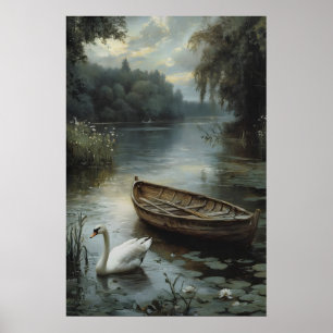 Poster Cisne Branco e Barco Arte Imprimível Parede Vintag