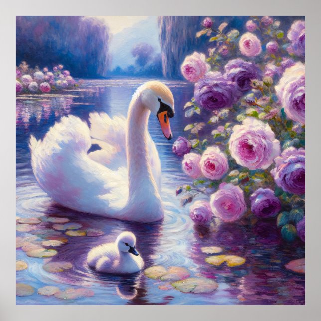 Poster Cisne branco e Cygnet com Rosas roxos (Frente)